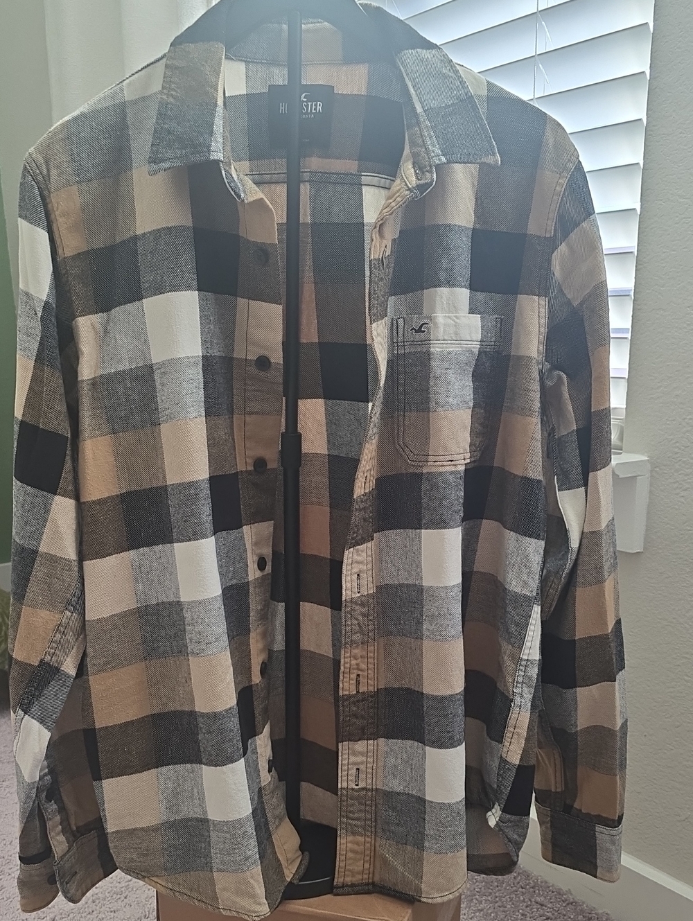 Hollister Men's Tan, Black & White Plaid Shirt Jacket
